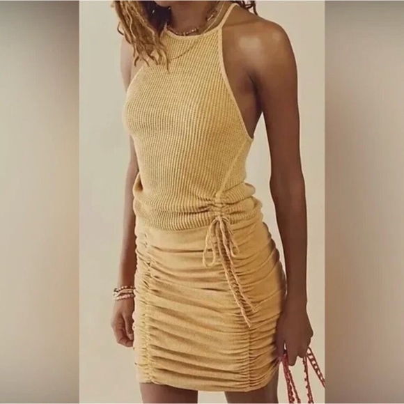 Free People FP Katya Thermal mini dress Ruched MustardYellow medium NWT - Picture 1 of 15